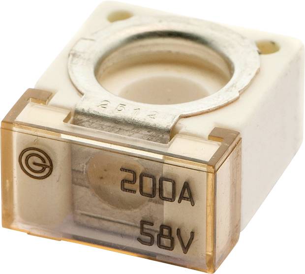 200-amperni, 58-voltni keramični varovalki z prozornim pokrovom, ki prikazuje notranje komponente. Primerna za zaščito električnih tokokrogov.
