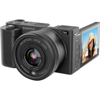 Digitalni fotoaparat z velikim objektivom, označen z 'Easypix VX', na stranskem zaslonu prikazuje nasmejano žensko, ki nosi klobuk.