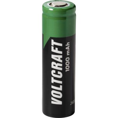 Zelena baterija Voltcraft 1000 mAh prikazana pokončno s črno nalepko in srebrnim vrhom.