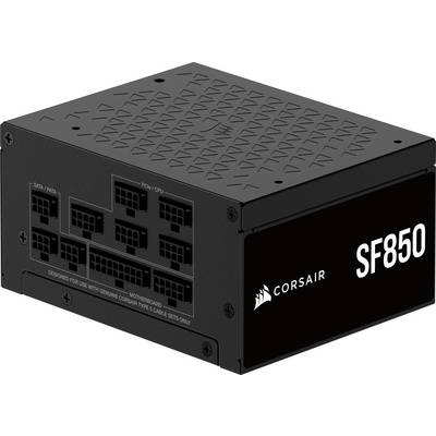Napajalnik Corsair SF850, kompaktne zasnove, z vidnimi večkratnimi priključki na strani za matično ploščo in periferne komponente.