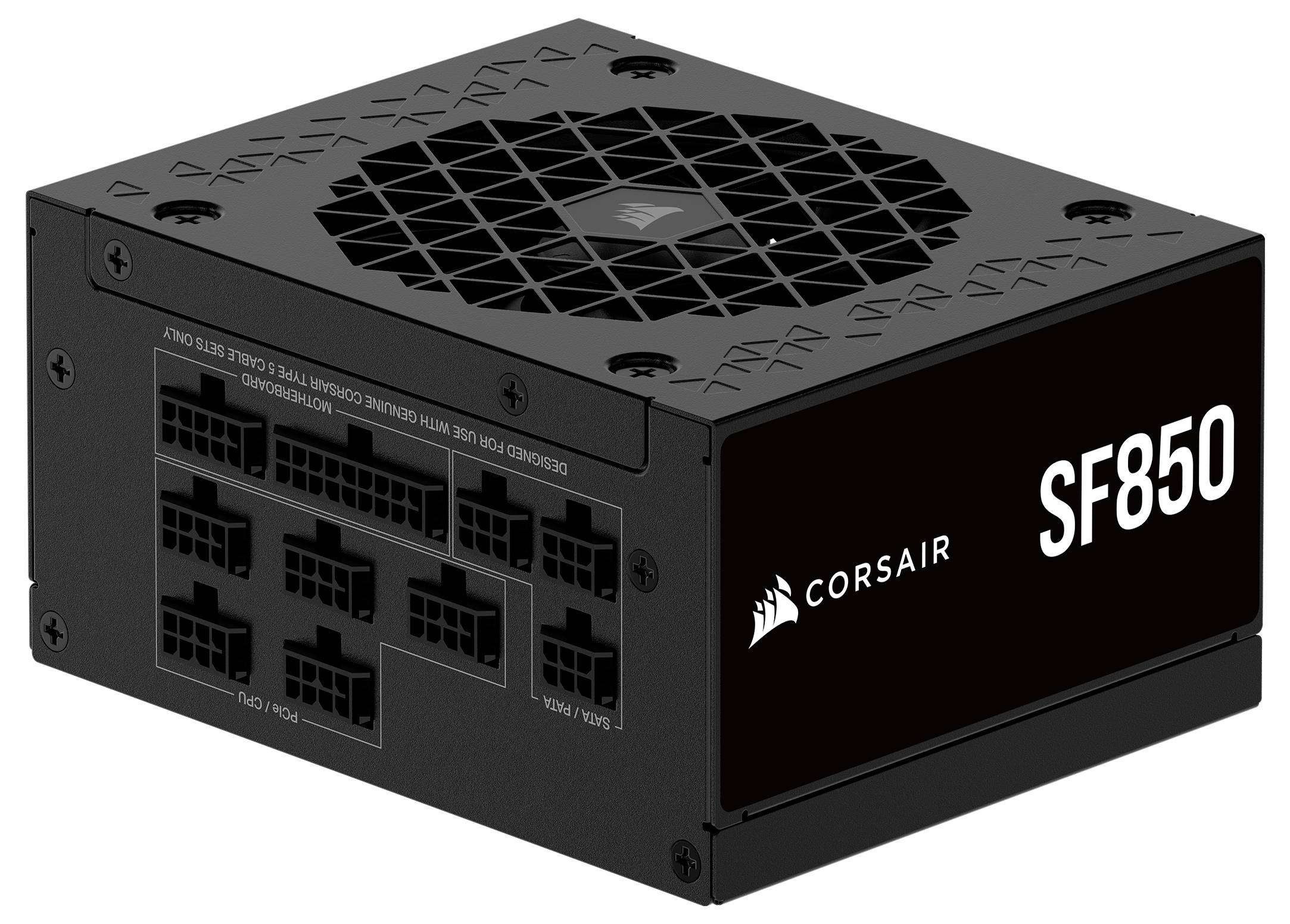 Prikazana je črna napajalna enota Corsair SF850 z modularnimi kabelskimi priključki, na kateri sta vidna logotip Corsair in napis »SF850« na strani.
