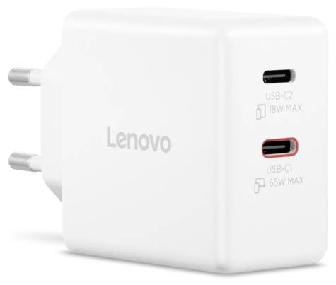 Bel Lenovo USB polnilnik z dvema USB-C priključkoma. Zgornji priključek je označen z '18W MAX' in spodnji priključek z '65W MAX'.
