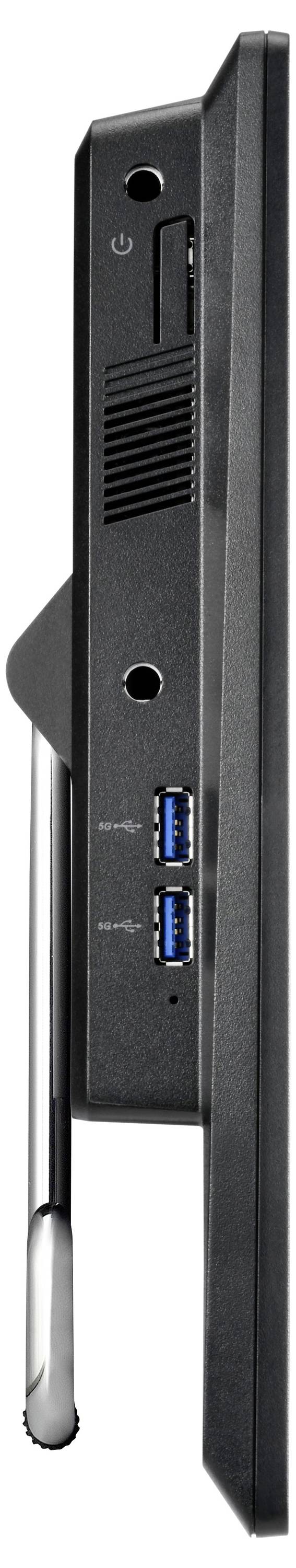 Stranski pogled črnega monitorja ali računalniškega zaslona, ki prikazuje gumb za vklop, prezračevalno odprtino, dva USB priključka in kovinsko podnožje.