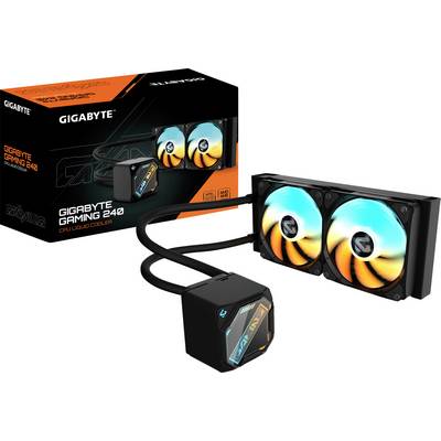 'Gigabyte Gaming 240' tekoči CPU hladilnik z dvojnimi ventilatorji, RGB osvetlitvijo in črpalnim blokom. Škatla z blagovno znamko in sliko izdelka v ozadju.