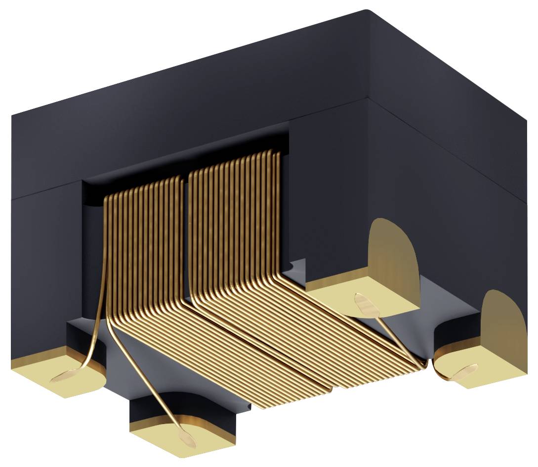 3D upodobitev črne in zlate elektronske komponente, ki prikazuje zapletene notranje povezave in pravokotno zunanjo ohišje.
