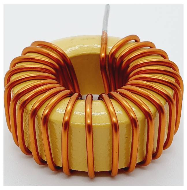 Toroidna tuljava z oranžno bakreno žico, navita okoli rumene sredice.