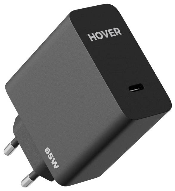 Črn stenski polnilnik z napisom 'HOVER' na vrhu in '65W' na strani. Opremljen je z enim USB-C priključkom, zasnovanim za hitro polnjenje.