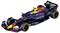 Dirkalnik Formule 1 z udarnimii logotipi in blagovno znamko, zasnovan za visokohitrostno zmogljivost na dirkalni stezi.
