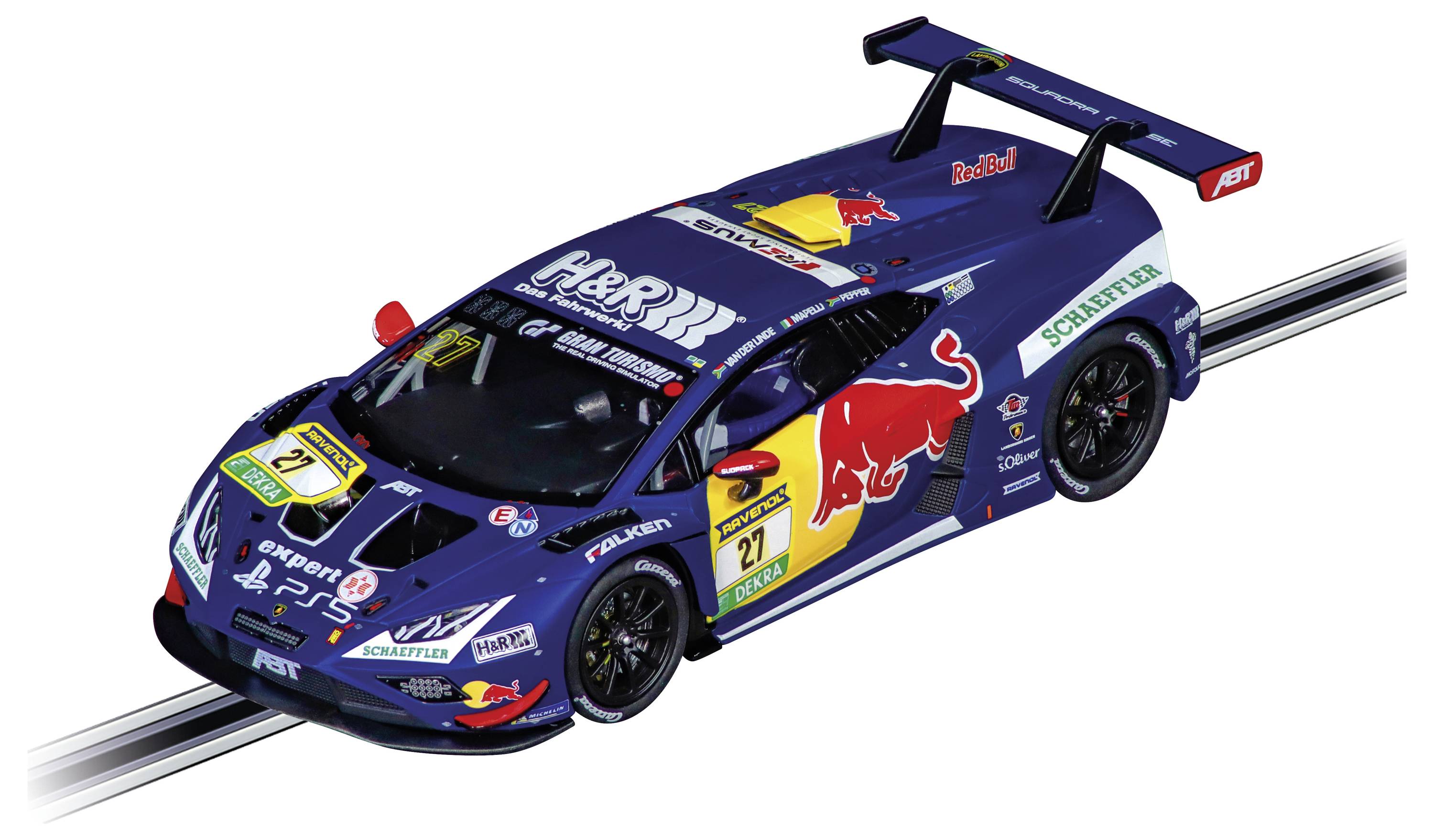 Modro dirkalniško vozilo z logotipi sponzorjev, vključno s prominentno podobo Red Bull, je na stezi označeni s številko '27'.
