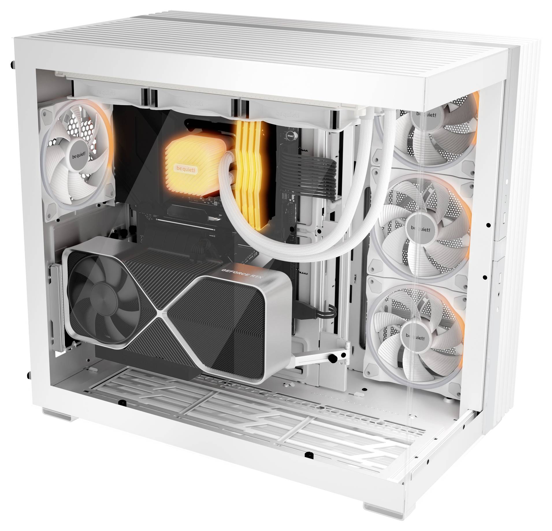 Bela ohišje za gaming PC z vidnimi notranjimi komponentami, vključno z veliko grafično kartico, hladilnimi ventilatorji in sijočimi oranžnimi kabli.