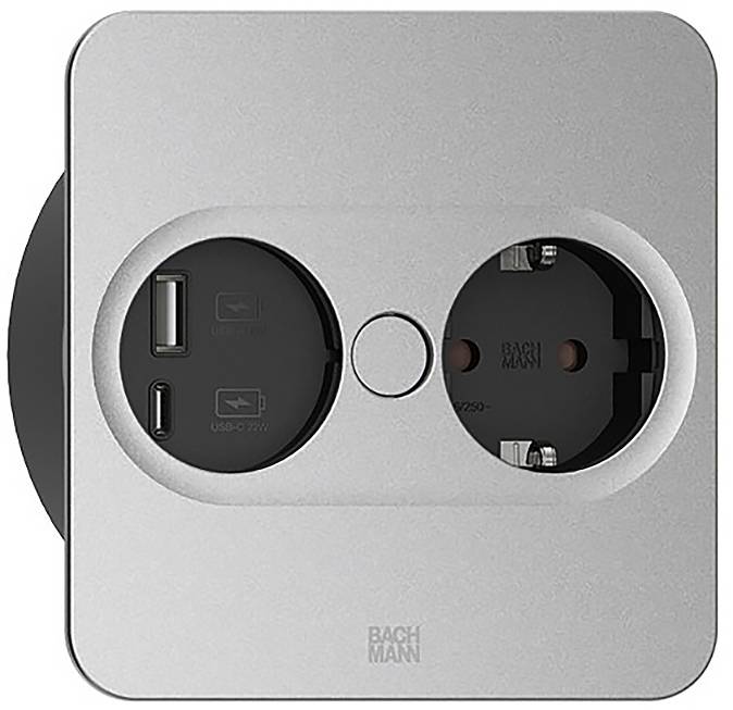 'Kvadratna stenska vtičnica z dvema izhodoma in dvema USB vrati (Type-C in Type-A) za polnjenje elektronskih naprav.'