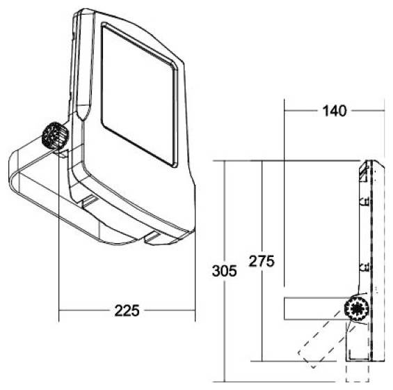 Tehnična risba stensko pritrjenega nosilca naprave, prikazana v perspektivnem in stranskem pogledu z označenimi dimenzijami 225, 275, 305 in 140.