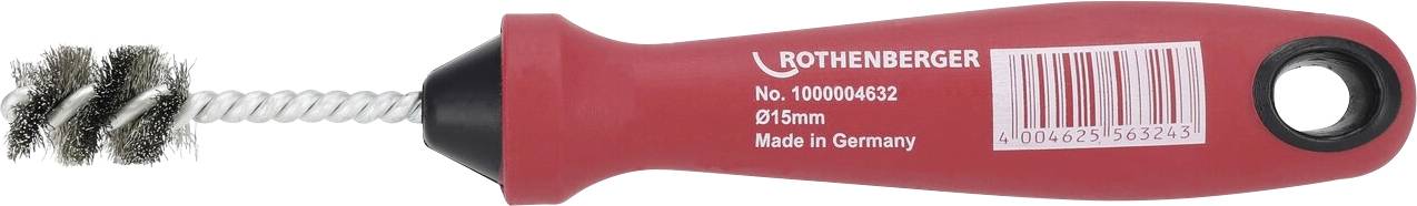 Rdeča žična ščetka Rothenberger z ukrivljeno kovinsko konico, označena z 'Rothenberger, No. 1000004562, Ø 15mm, Made in Germany.'