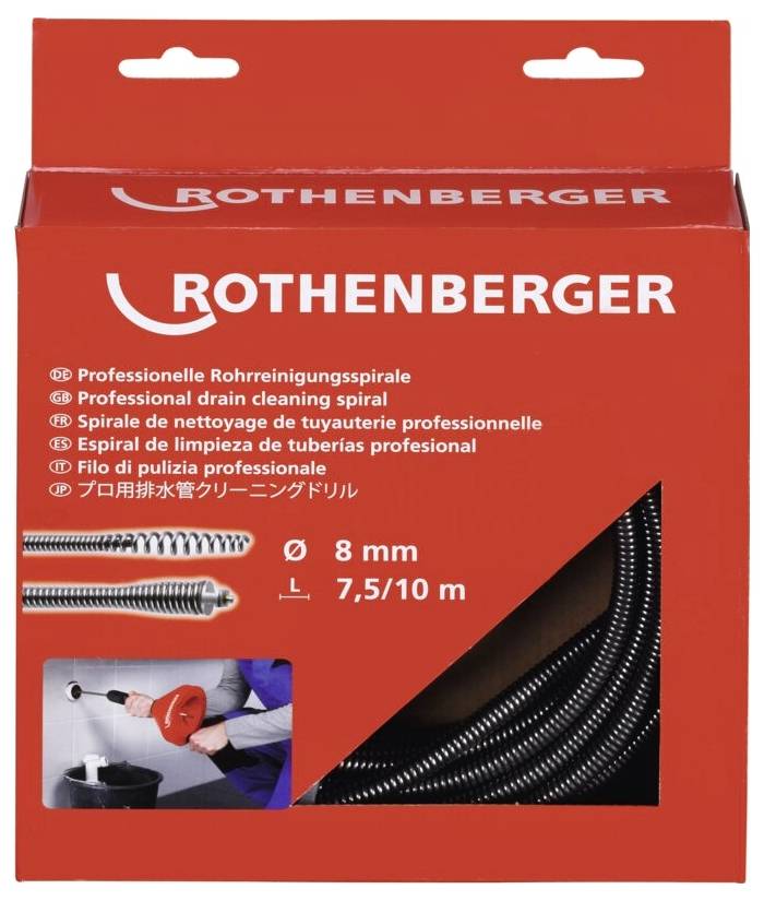 Slika prikazuje rdeč zapakirani izdelek z oznako 'ROTHENBERGER', ki vsebuje profesionalno spiralo za čiščenje odtokov, s specifikacijami: premer 8 mm, dolžina 7,5/10 metrov.