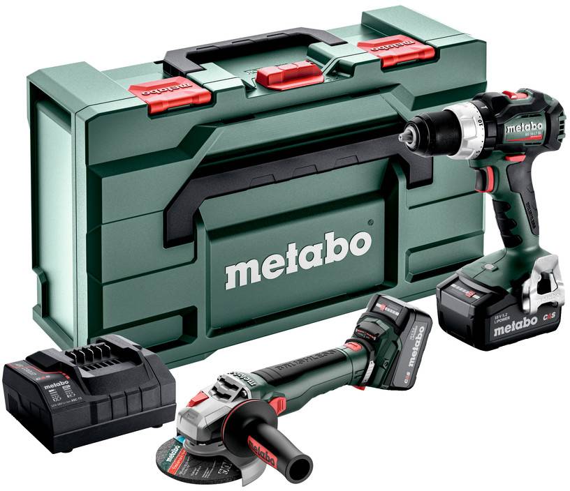 Metabo komplet brezžičnega orodja z zelenim torbanim kovčkom, polnilnikom baterije, vrtalom, brusilnikom in baterijo na belem ozadju.