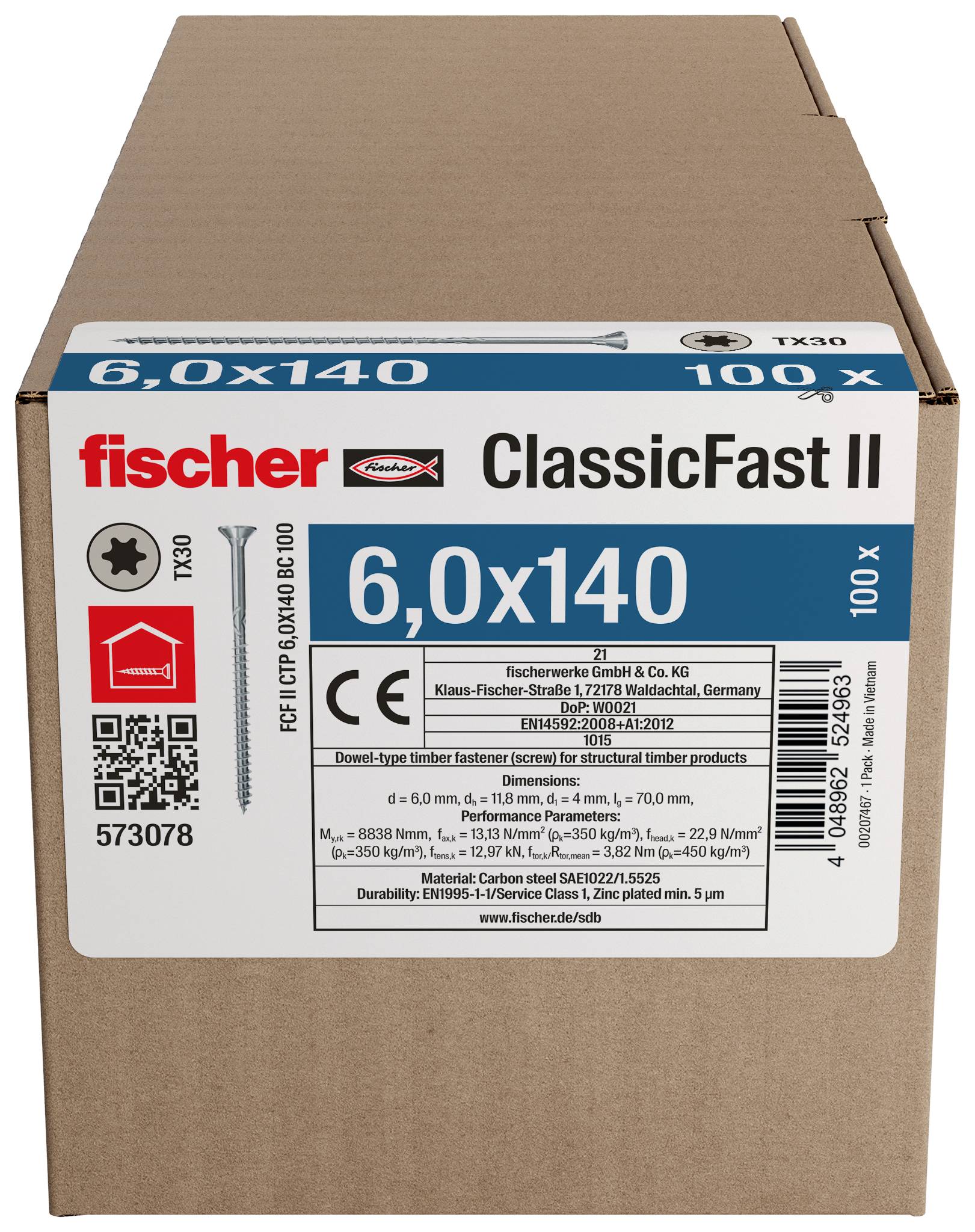 Škatla fischer ClassicFast II vijakov, označena 6,0x140, 100 kosov, s proizvodno in certifikacijsko oznako na sprednji strani.