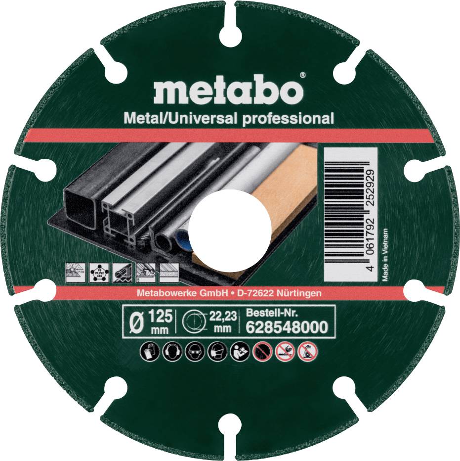 Metabov kovinski/univerzalni profesionalni rezalni disk, premera 125 mm, prikazan z različnimi kompatibilnimi kovinskimi profili, številka modela 628548000.