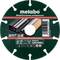 Metabov kovinski/univerzalni profesionalni rezalni disk, premera 125 mm, prikazan z različnimi kompatibilnimi kovinskimi profili, številka modela 628548000.