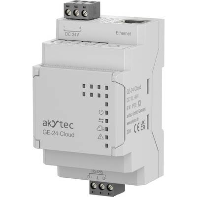 Industrijska naprava 'Akytec GE-24-Cloud' za električne sisteme, ki podpira DC 10-24V napajanje, Ethernet in RS485 povezljivost.