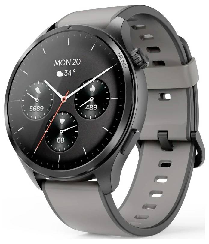 Eleganten črn pametni watch z okroglo številčnico, ki prikazuje datum, temperaturo in aktivnostne meritve, kot so koraki in srčni utrip na zaslonu.