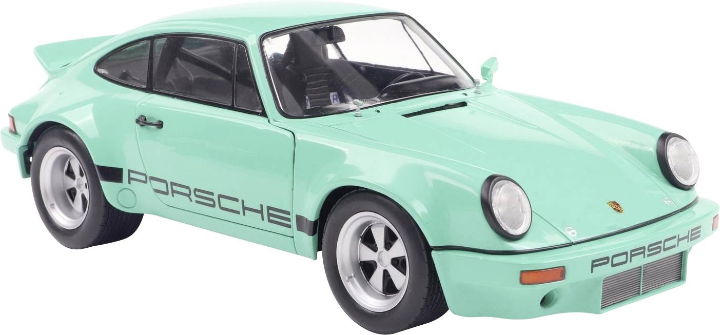 Model avtomobila mint zelene barve s črnimi črkami 'Porsche' ob strani, z elegantnimi linijami in klasičnimi oblikovnimi elementi športnega avtomobila.