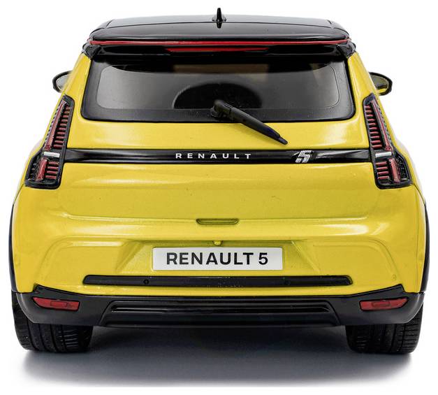 Pogled zadaj na rumeni Renault 5 hatchback, ki prikazuje ime modela in logotip, z elegantnimi zadnjimi lučmi in zadnjim brisalcem stekla.