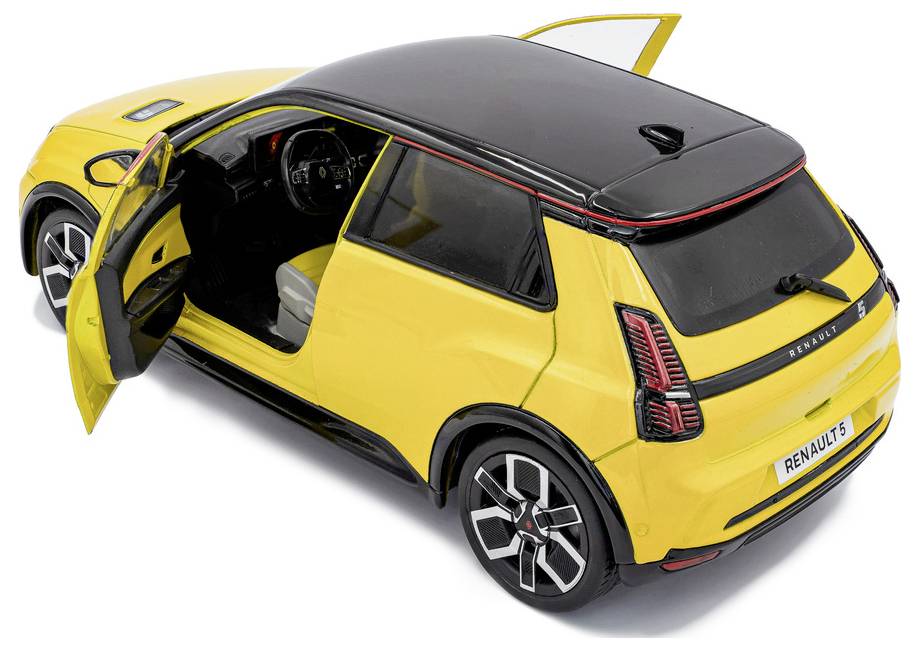 Rumena modelna avtomobilska replika Renaulta 5 z odprtimi vrati, črno streho in vidnim notranjim sedežem, ki prikazuje značilnosti avtomobilskega dizajna.