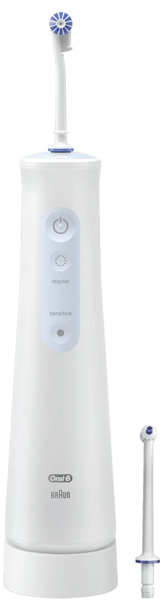 Električna zobna ščetka znamk 'Oral-B' in 'Braun' v beli barvi z modrim poudarjenim gumbom in ločenim nastavkom za glavo ščetke.