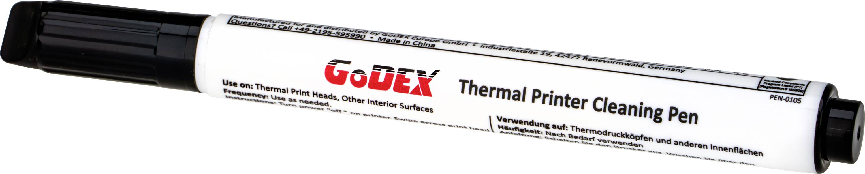 Čistilno pero 'GoDEX Thermal Printer Cleaning Pen' s črnim pokrovčkom in belim ohišjem. Namenjeno čiščenju toplotnih tiskalnih glav in drugih površin.