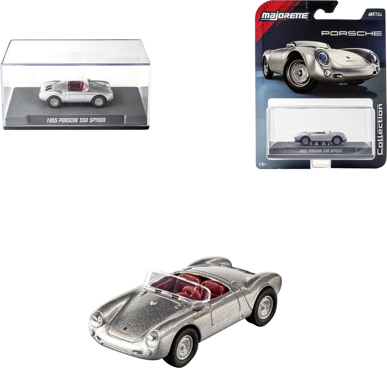 Model avtomobila Porsche 550 Spyder iz leta 1955 je prikazan v razstavni vitrini in originalni embalaži, kar poudarja njegovo elegantno obliko in zbirateljsko vrednost.