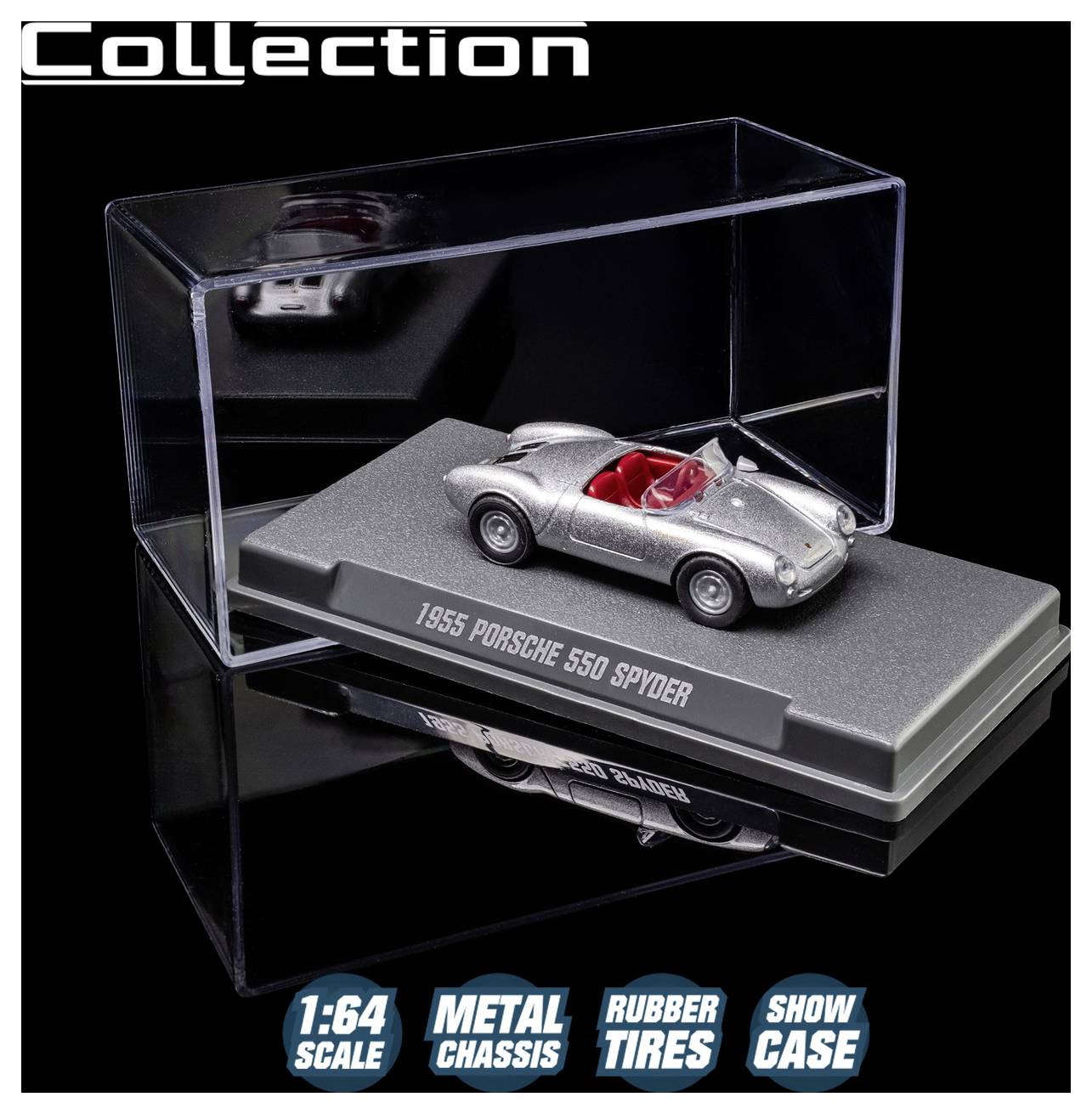 Srebrn model avtomobila Porsche 550 Spyder iz leta 1955 v prozorni vitrini z rdečim notranjim delom, del 'Zbirke'. Značilnosti: merilo 1:64, kovinski podvozje, gumirana kolesa, vključena vitrina.