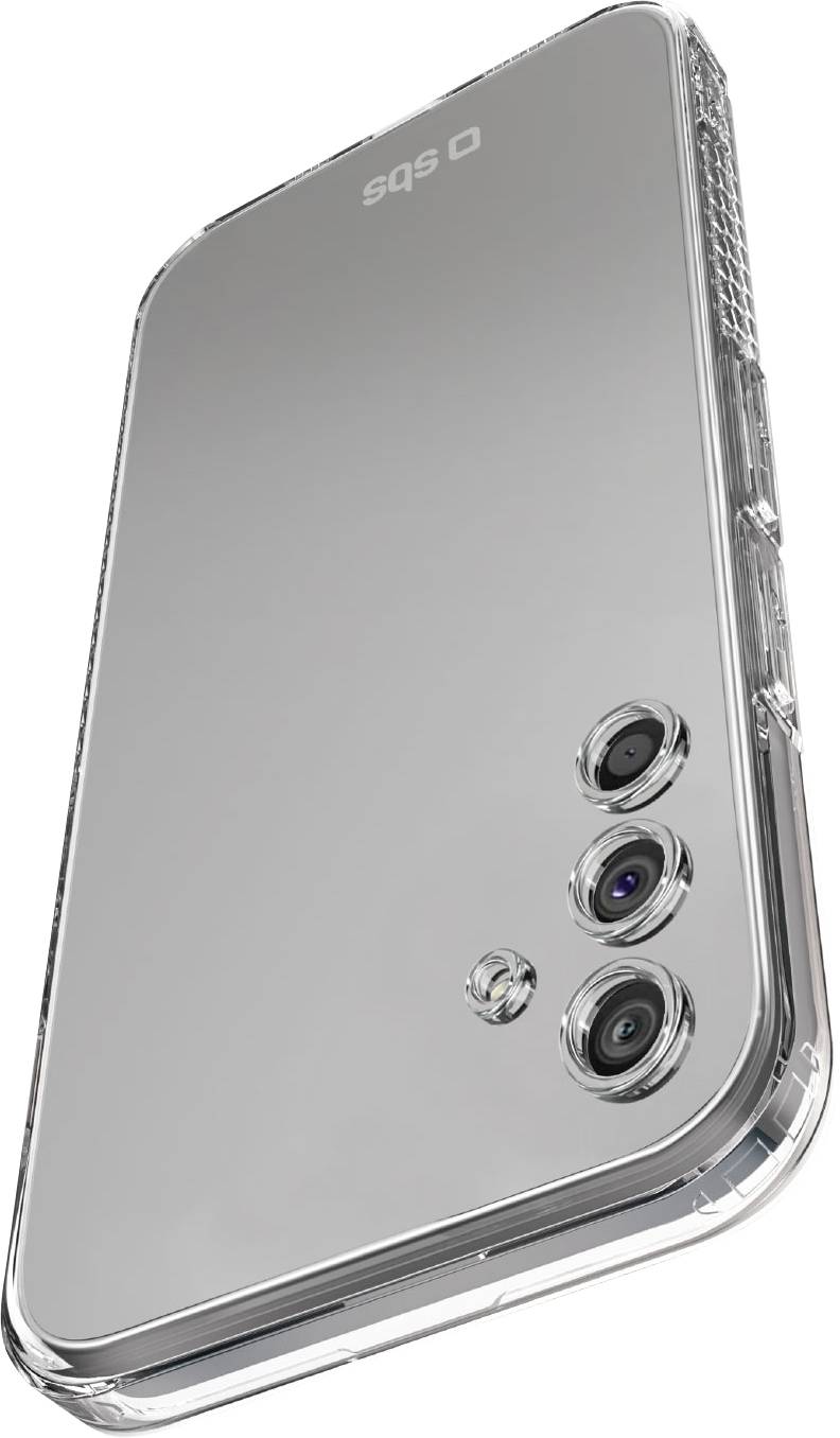 Pametni telefon v prozorni torbici s tremi zadnjimi kamerami in elegantnim oblikovanjem, viden od zadaj pod kotom.
