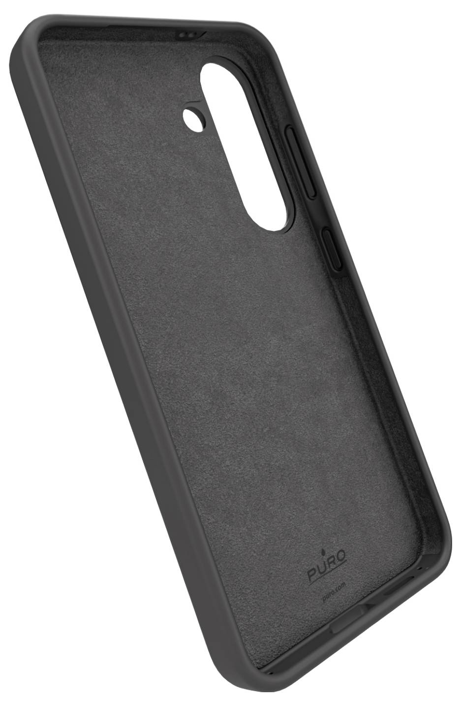 Črn etui za telefon s teksturirano notranjostjo, opremljeno s preciznimi izrezi za kamero in gumbe, prikazano pod kotom, da se vidi zadnja in bočna stran.
