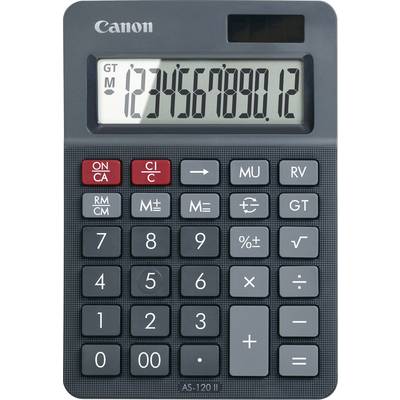Črn kalkulator Canon AS-120 II z LCD zaslonom, ki prikazuje '1234567890.12'. Vključuje standardne aritmetične funkcije in pomnilniške tipke.