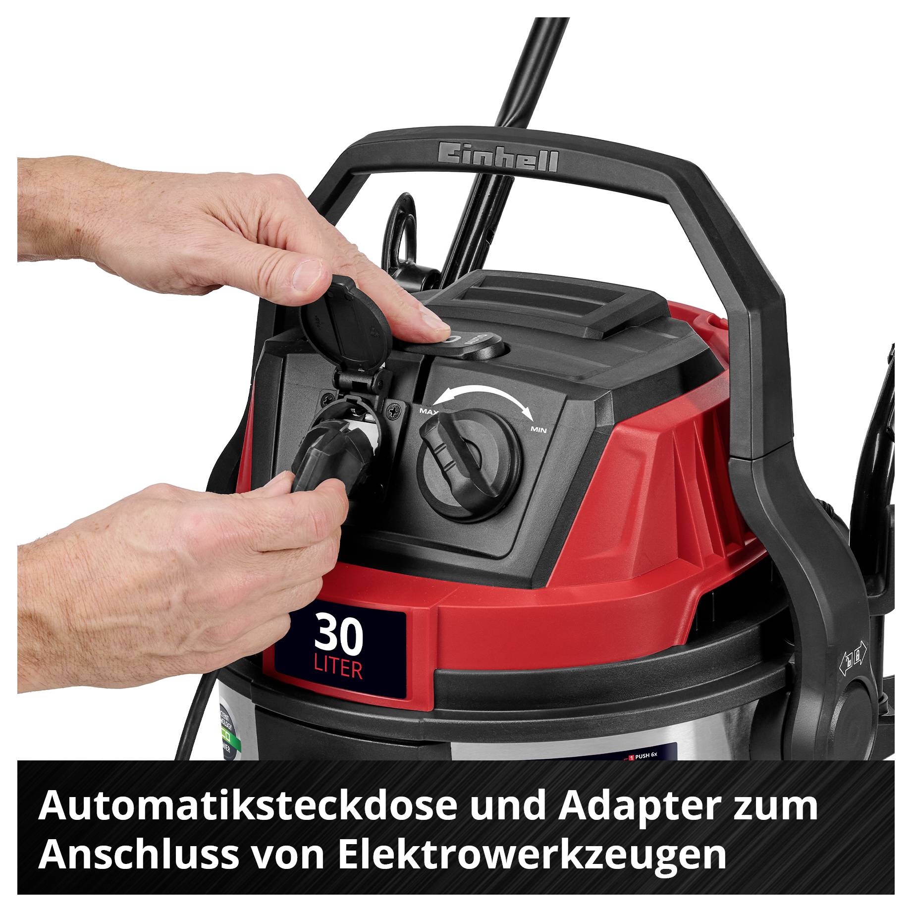 Sesalnik Einhell z avtomatsko vtičnico, adapter se priključi, primeren za obratovanje električnih orodij, 30 litrov.