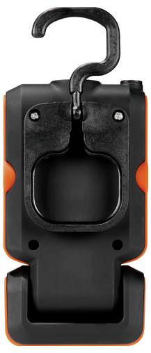 Črna in oranžna prenosna naprava z zanko na vrhu in vrtljivo osnovo spodaj, verjetno za obešanje in nastavljanje.