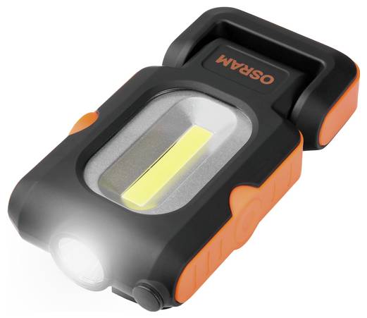 Kompakten, črn in oranžen LED žepni reflektor Osram z lučjo naprej in pravokotno obliko, primeren za prenosno uporabo.