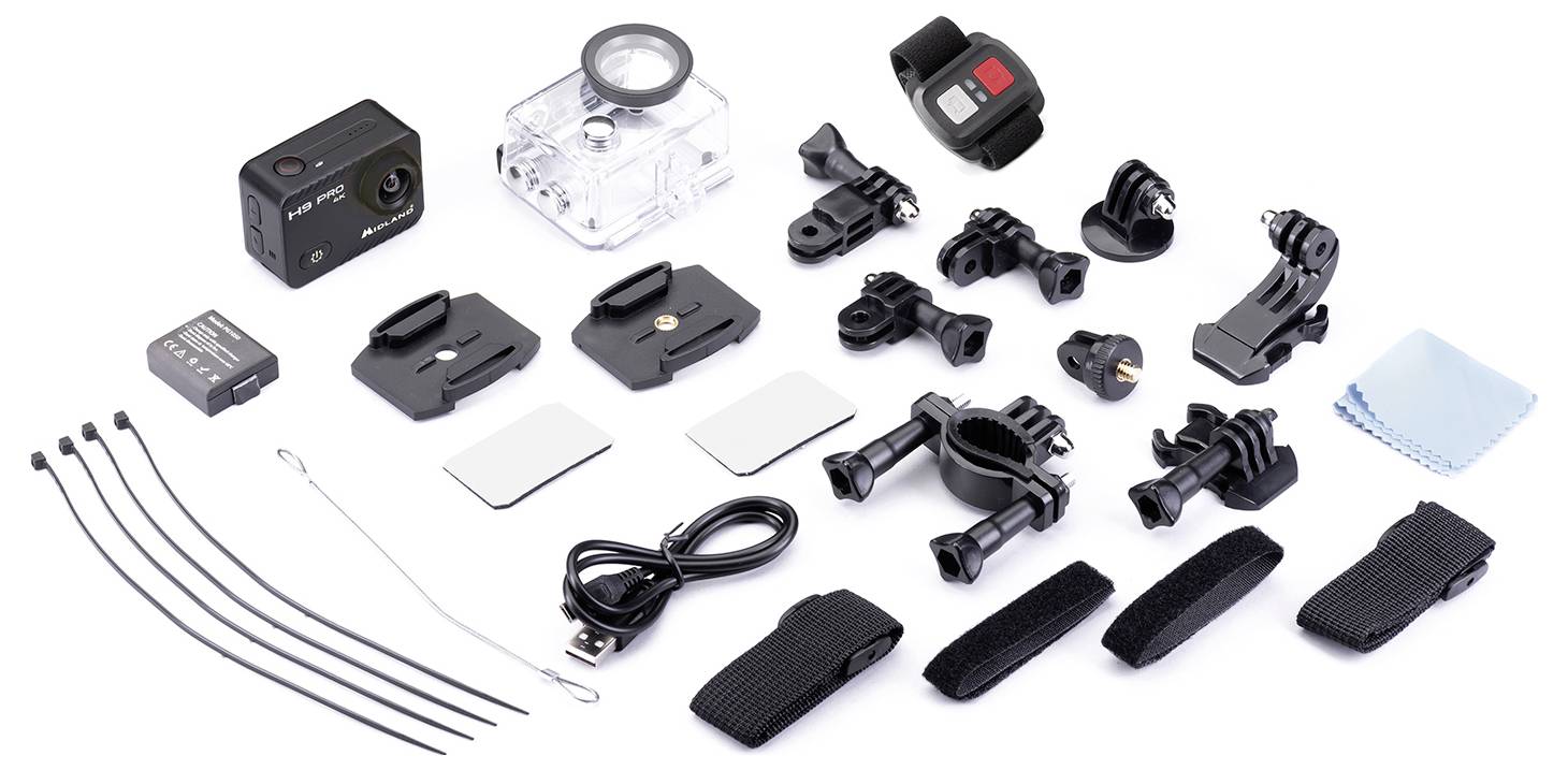 Nabor dodatkov za akcijsko kamero, vključno z namestitvenimi pritrdili, trakovi, etuijem, baterijo, USB kablom in plastičnimi vezicami, zložen v urejenem razporedu.