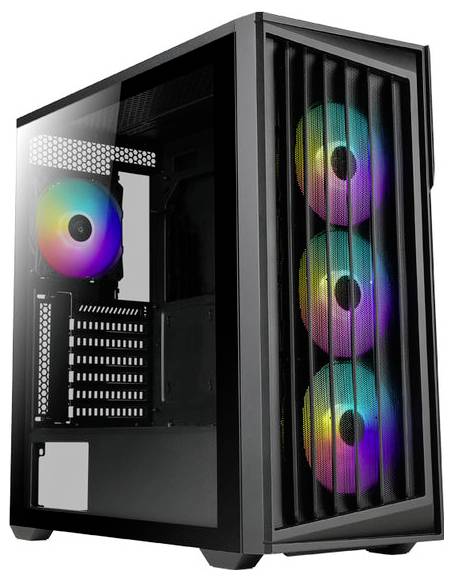 Črn ohišje računalnika z štirimi barvitimi RGB ventilatorji, vidnimi spredaj in zadaj, ki prikazuje modernen in eleganten dizajn.