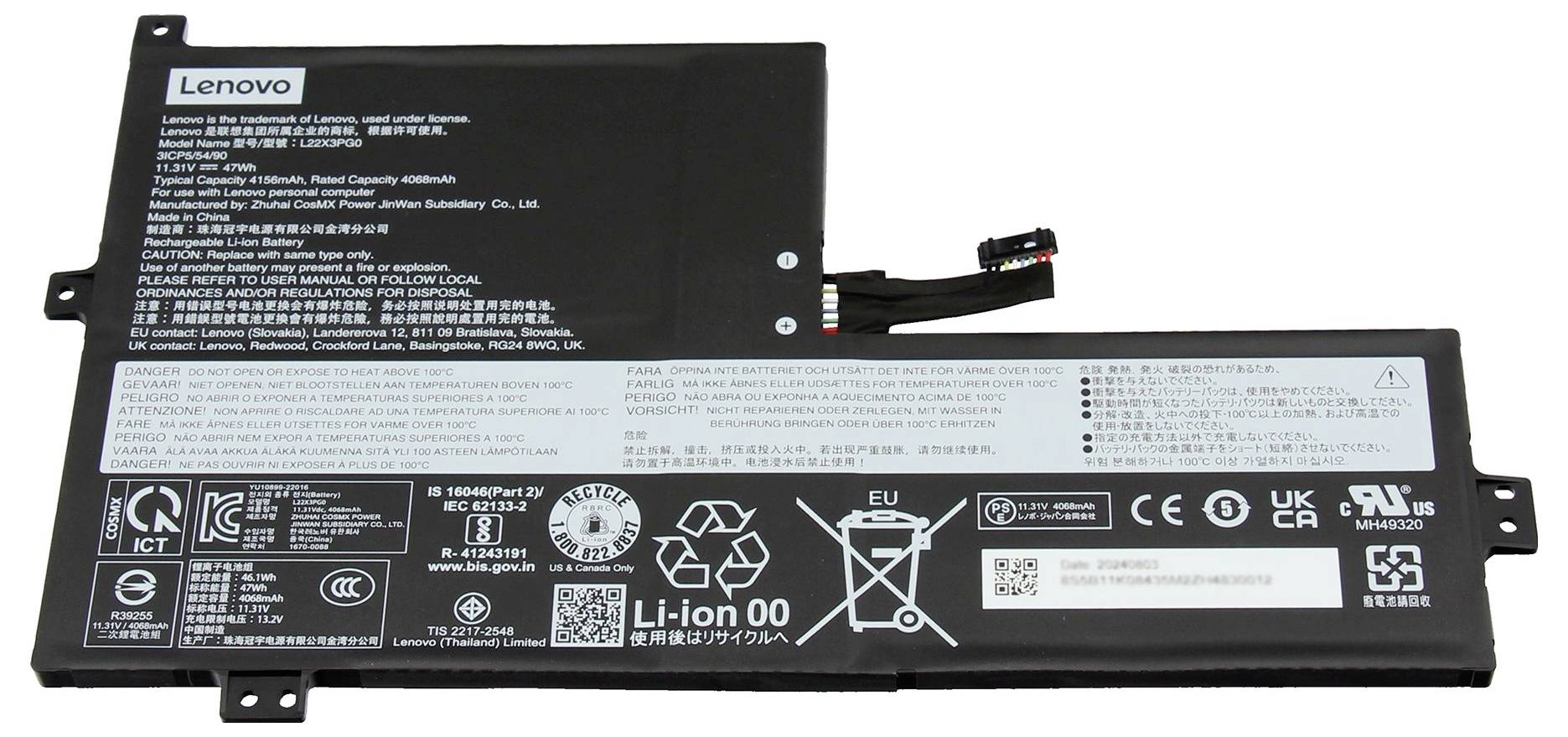 'Litij-ionska prenosniška baterija Lenovo model L18C3PF4 z varnostnimi certifikati, opozorili in regulatornimi nalepkami.'