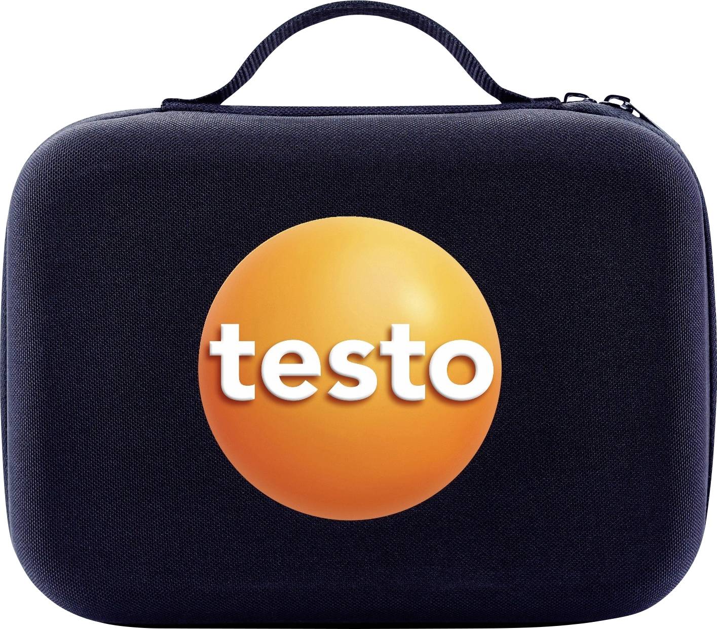 Črn trden etui z zadrgo, ki ima spredaj oranžen krog s sredi napisano besedo 'testo' v beli barvi.