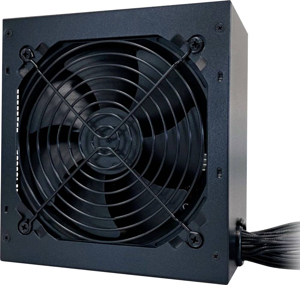 Črni napajalnik računalnika z vidnim hladilnim ventilatorjem in rešetko, ki prikazuje dizajn stranske prezračevalne odprtine in priključene kable.