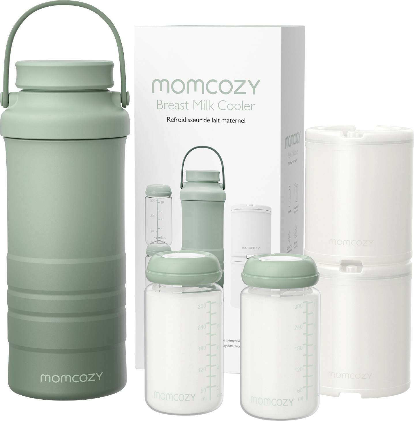Zeleno-bel set hladilnika za materino mleko z dvema stekleničkama in dvema posodama pred embalažno škatlo, označeno z 'momcozy Breast Milk Cooler'.
