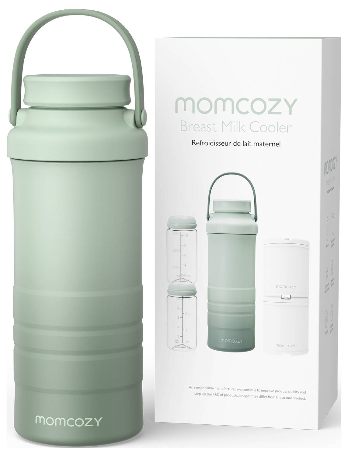 Zeleni hladilnik za materino mleko Momcozy z ročajem, ki stoji poleg svoje embalaže, na kateri so prikazane podrobnosti o zmogljivosti in slika hladilnika z notranjo stekleničko.