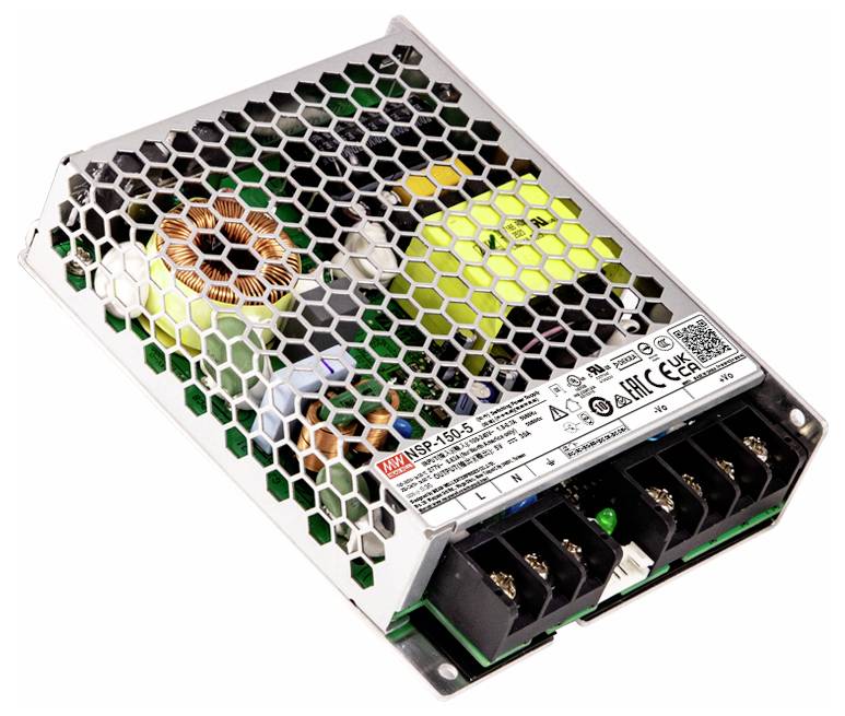 Industrijsko električno napajalno enoto z ohišjem iz kovine, ki ima ventilator za hlajenje, kabelske priključke in nalepljene specifikacije, postavljeno na belem ozadju.