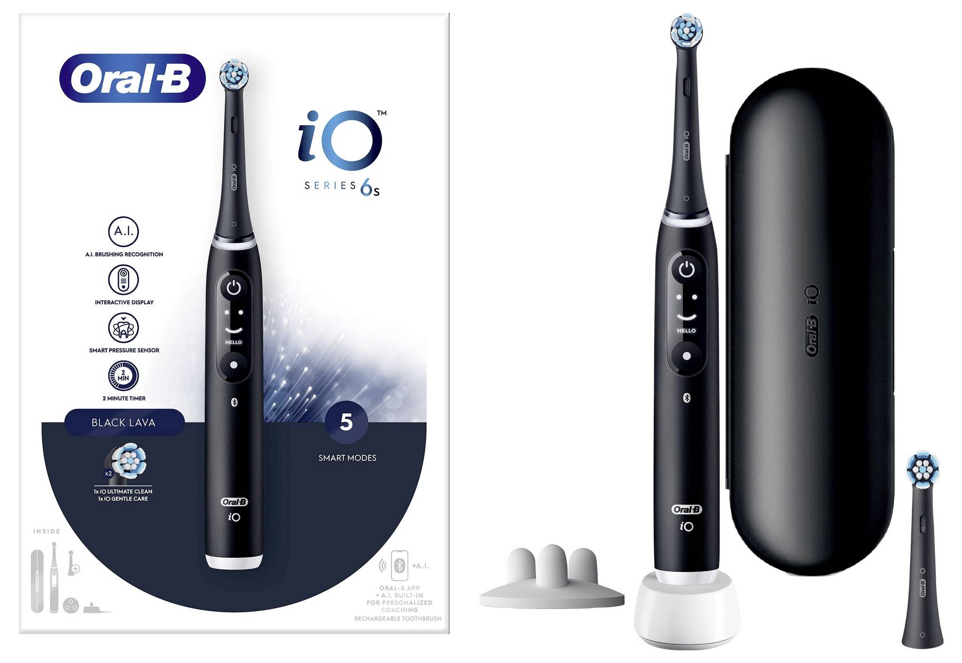 Električna zobna ščetka 'Oral-B iO Series 6 Black Lava' s petimi pametnimi načini, prikazana s polnilno postajo, nastavki za ščetko in potovalnim kovčkom.