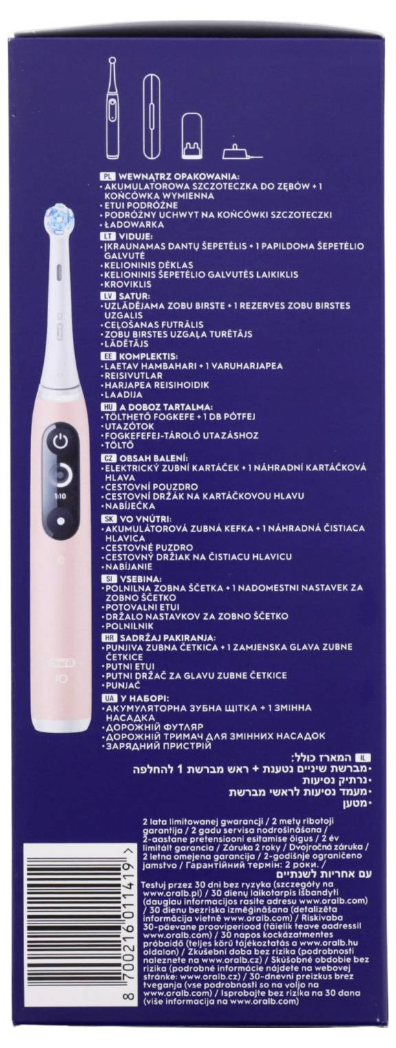Škatla, ki prikazuje električno zobno ščetko in različna navodila v več jezikih, vključno z načini uporabe in priloženo vsebino.
