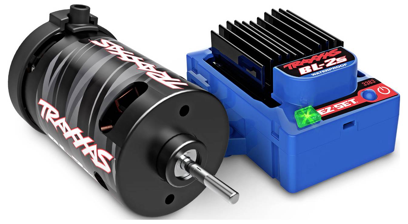 Traxxasov BL-2s motor in elektronski regulator hitrosti v modri ohišju z radiatorjem, ki prikazuje blagovno znamko in oblikovne značilnosti.