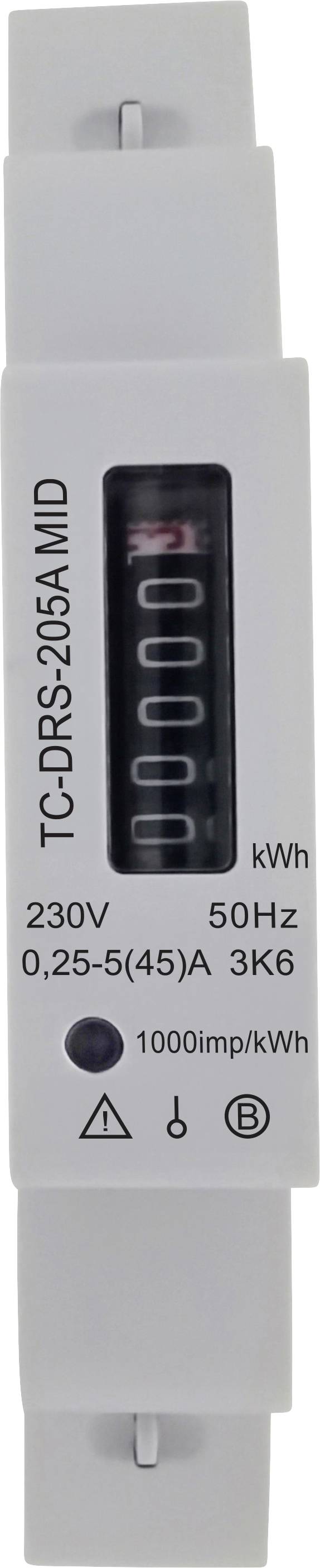 Enofazni digitalni električni števec z oznako TC-DRS-205A MID, ki prikazuje pet ničelnih števk in specifikacije: 230V, 50Hz, 0,25-5(45)A, 3kW, 1000imp/kWh.