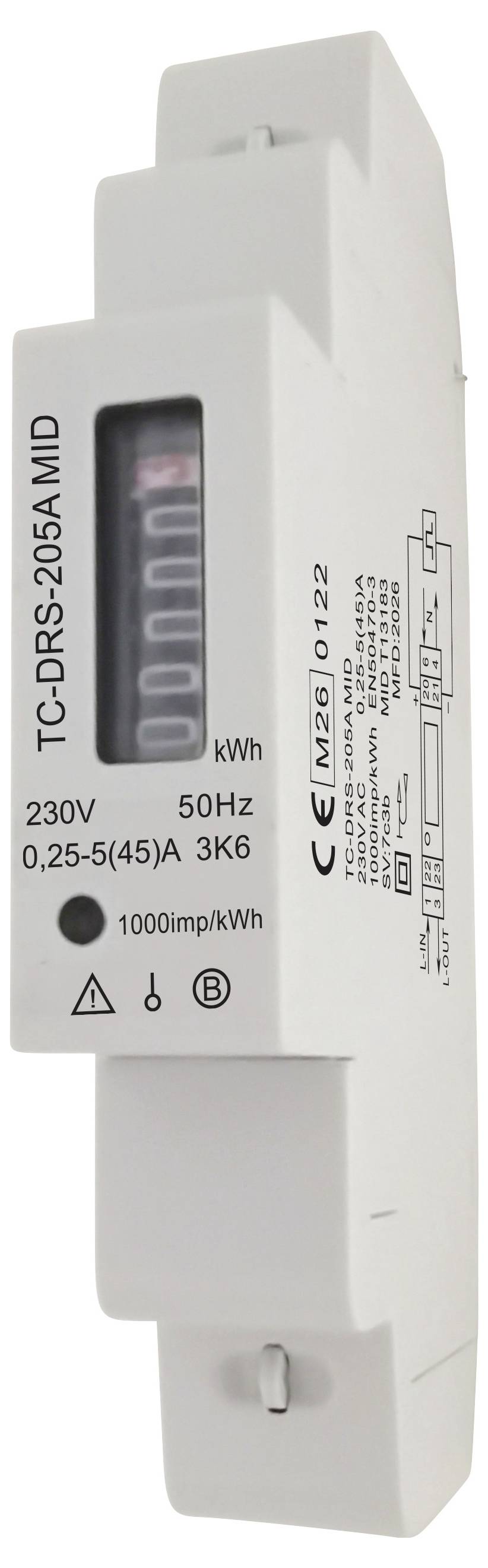Beli elektronski števec električne energije na DIN-vodilu z digitalnim prikazom, oznaka TC-DRS-205A MID, 230V 50Hz, 0,25-5(45)A, 3kW in 1000imp/kWh.